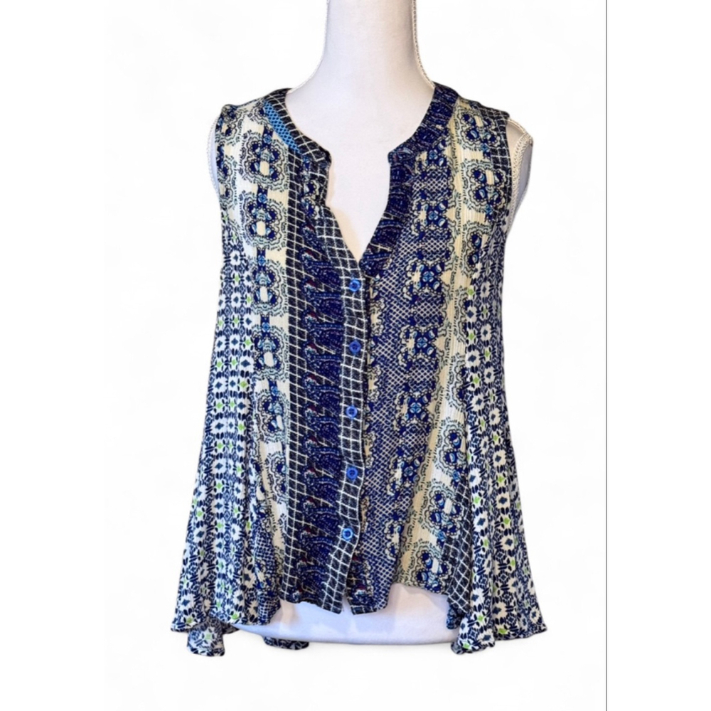 Altar’d State Boho Patchwork Sleeveless Button Blouse Medium